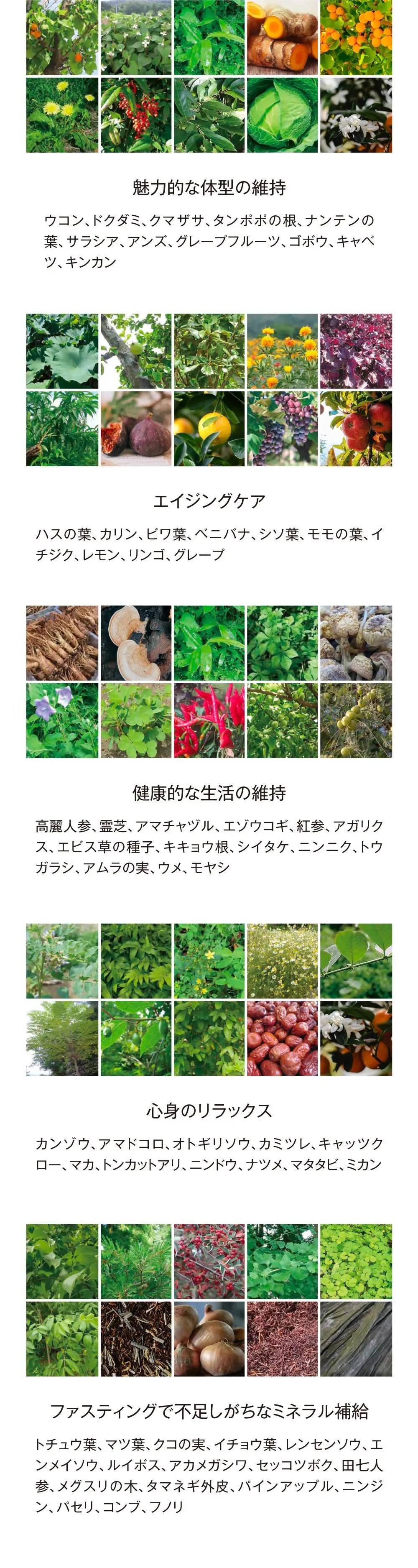 魅力的な体型の維持：ウコン、ドクタミ、クマザサ、タンポポの根、ナンテンの葉、サラシア、アンズ、グレープフルーツ、ゴボウ、キャベツ、キンカン。
エイジングケア：ハスの葉、カリン、ビワ葉、ベニバナ、シソ葉、モモの葉、イチジク、レモン、リンゴ、グレープ。
健康的な生活の維持：高麗人参、霊芝、アマチャヅル、エゾウコギ、紅参、アガリクス、エビス草の種子、キキョウ根、シイタケ、ニンニク、トウガラシ、アムラの実、ウメ、モヤシ。
心身のリラックス：カンゾウ、アマドコロ、オトギリソウ、カミツレ、キャッツクロー、マカ、トンカットアリ、ニンドウ、ナツメ、マタタビ、ミカン。
ファスティングで不足しがちなミネラル補給：トチュウ葉、マツ葉、クコの実、イチョウ葉、レンセンソウ、エンメイソウ、ルイボス、アカメガシワ、セッコツボク、田七人参、メグスリの木、タマネギ外皮、パインアップル、ニンジ
ン、パセリ、コンブ、フノリ