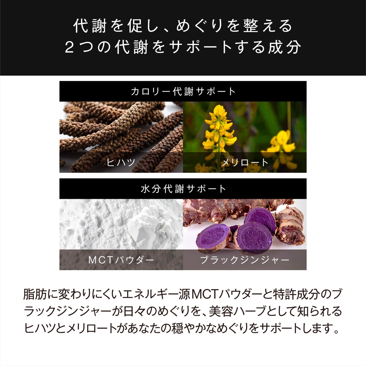 カロリー代謝サポート：ヒハツ、メリロート
水分代謝サポート：MCTパウダー、ブランクジンジャー
