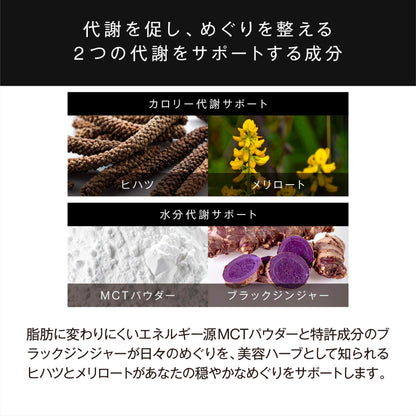 カロリー代謝サポート：ヒハツ、メリロート
水分代謝サポート：MCTパウダー、ブランクジンジャー