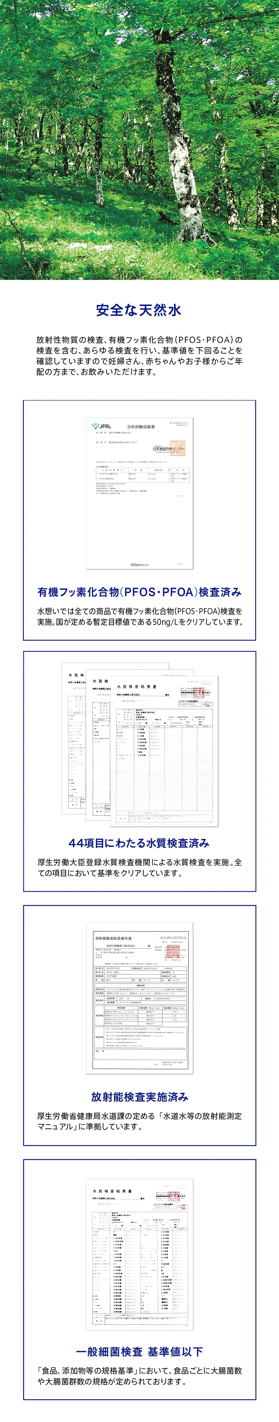 有機フッ素化合物（PFOS・PFOA）検査済み：水想いでは全ての商品で有機フッ素化合物（PFOS・PFOA）検査を実施。国が定める暫定目標値である50ng/Lをクリアしています。