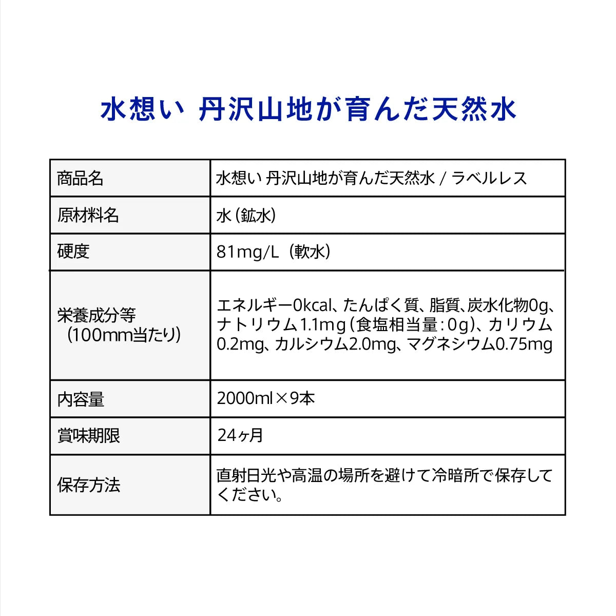 水想い ナチュラルミネラルウォーター ラベルレス 2000ml×9本